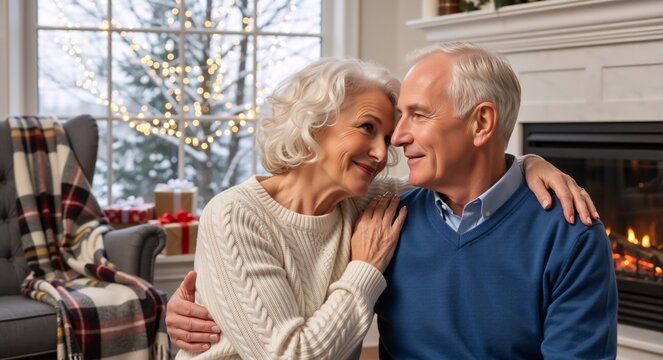 Happy senior couple hugging at home during Christmas. Romantic elderly man and woman embracing near a fireplace with winter window background