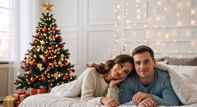 Happy young couple relaxing in bed on Christmas morning. Romantic man and woman smiling together in a cozy bedroom with a festive decorated tree - Powered by Adobe