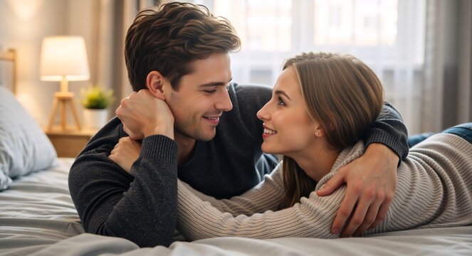 Happy young couple in love hugging on the bed at home. Romantic man and woman smiling and looking at each other in a cozy bedroom