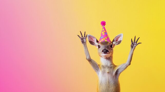Deer wearing a party hat raising its hooves on colorful background. concept of celebration, festive antics, playful nature, copy space - Powered by Adobe