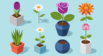 A beautiful collection of isometric potted flowers illustration. Set of colorful garden plants including rose, tulip, and daisy in various pots vector design 2.eps