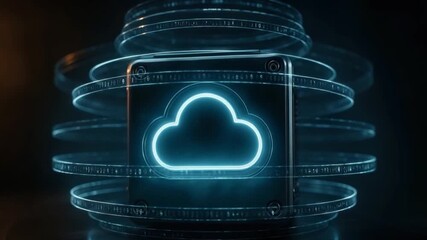 Cloud computing concept featuring glowing cloud icon surrounded by digital data rings, futuristic technology background with network connection, data storage, and advanced digital visualization - Powered by Adobe