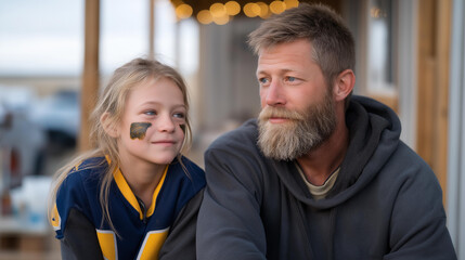 Father and daughter sitting on the porch before a local game, carefully painting matching team logos on their cheeks — a heartfelt image of family bonding, shared excitement, and generational love