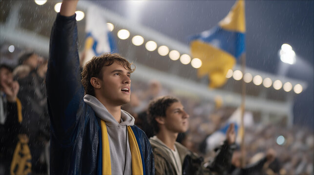 Raindrops illuminated by stadium lights as fans wave soaked flags — emotional dedication and community strength against the elements. cinematic color correction, natural uneven lighting yet gentle