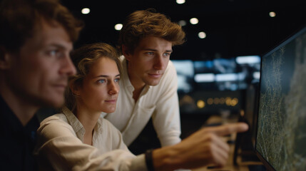 A frontline cybersecurity team monitoring a digital threat dashboard in a dim, high-security field hub, detecting attacks aimed at disrupting emergency operations — digital battlefield, cyber