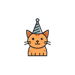 Festive feline celebration illustration featuring an orange tabby cat donning a blue party hat