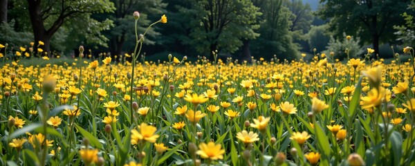 Obraz premium A picturesque field of vibrant yellow flowers basking under the warm sun, a true delight to the eyes. The scene is filled with lush greenery and a sense of serenity.