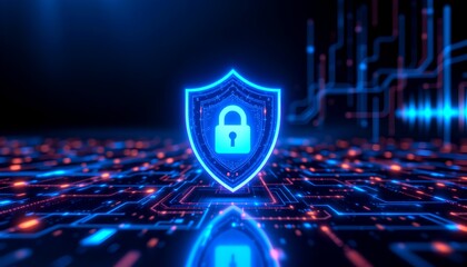 A glowing shield icon with a padlock symbolizes digital security