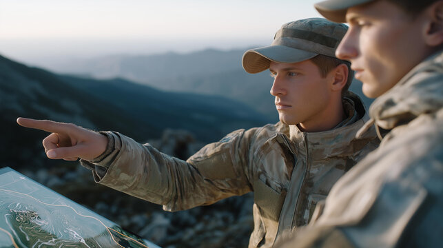 A tactical intelligence officer briefing soldiers before a mission, pointing at interactive holographic terrain models that reveal ambush points and safe routes — immersive mission prep, terrain - Powered by Adobe