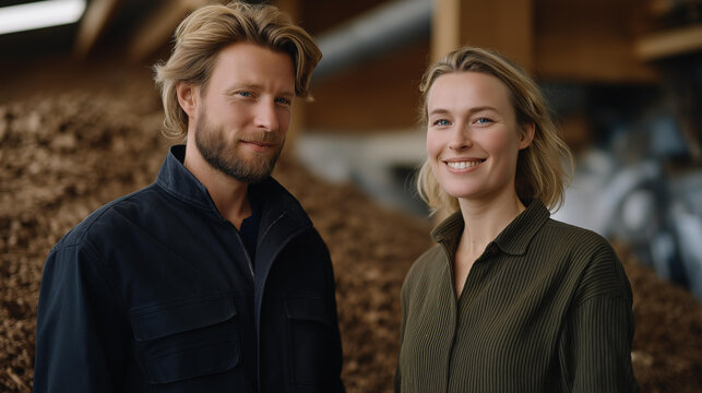 Engineers working beside massive biomass pellet machines, inspecting clean-burning pellets compressed from forestry residues and sawdust — bio-pellet manufacturing, sustainable heating solutions,