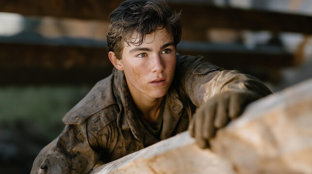 A recruit struggling through their first obstacle course, mud on their uniform and determination in their eyes as they push over a wall — resilience, physical endurance, and the raw challenge of - Powered by Adobe
