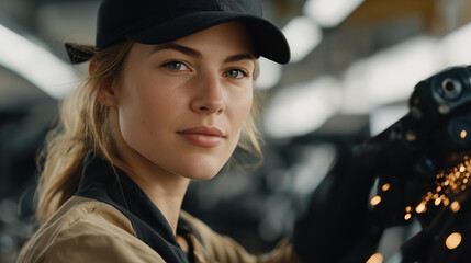 A manufacturing technician scanning machine components with an industrial-grade barcode reader, capturing production data while sparks and machinery hum in the background — factory automation,