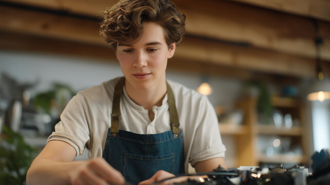 A repairable kitchen mixer with interchangeable parts laid out like a diagram, owner installing a new motor while following step-by-step digital instructions — appliance durability, reduced