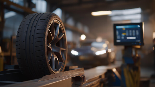 A mechanic carefully balancing a car wheel on a digital spin balancer, the tire rotating at high speed as LED numbers stabilize on the screen — precision automotive balancing, professional workshop