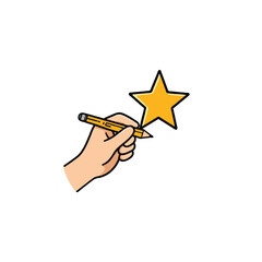 Hand drawing a golden star with a pencil symbolizes success and creative achievements expressing