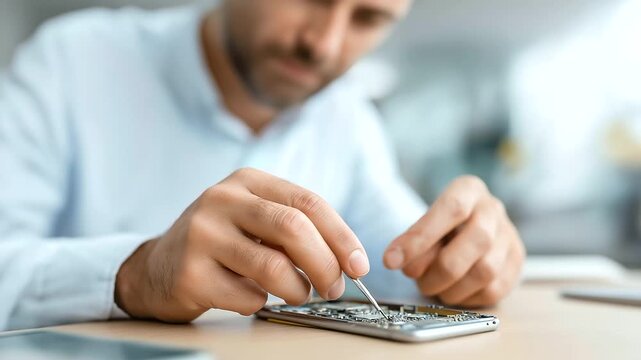 Technician disassembling broken smartphone components defocused logic board, faceless repair process, engineering visualization detail, blurred desk background, replace concept, se