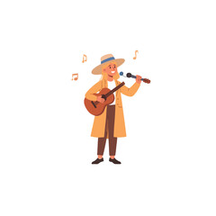 Harmonious street performer with acoustic guitar entertaining passersby in a lively public setting