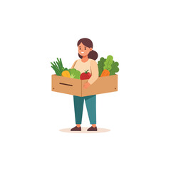 Healthy lifestyle concept with woman carrying a box full of fresh vegetables and fruits for