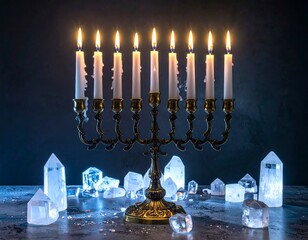 A radiant Hanukkah menorah with nine glowing candles and sparkling crystals for the Festival of