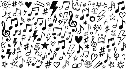 Hand drawn music notes and symbols black and white pattern