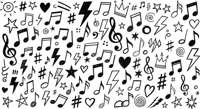 Hand drawn music notes and symbols black and white pattern