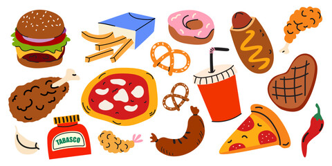 Fast food cartoon stickers in retro groovy style. Street food elements, burger, pizza, steak, french fries, donut, chicken legs, sausages and other tasty snacks. Vector illustrations © luamor