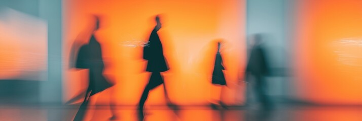 Blurry silhouettes of people walking in night-lit atrium, light trails and glowing panels