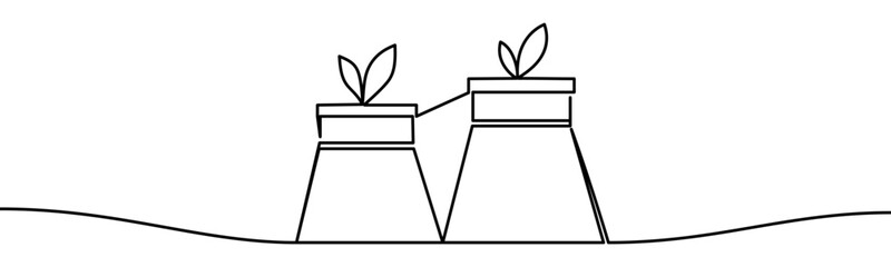 Continuous line vector illustration of industrial chimneys with plant leaves. Minimal linear design, isolated on transparent background, symbolizing eco-friendly industry concept