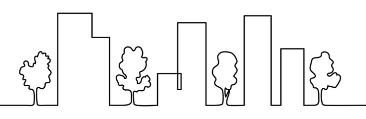 Continuous line drawing of urban high-rise buildings with trees. Minimal linear vector illustration, isolated on transparent background, representing green city and eco concept