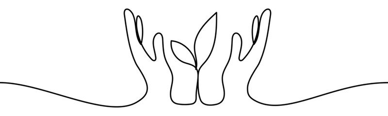 Continuous line drawing of human hands holding a plant sprout. Minimal linear vector illustration, isolated on transparent background, representing eco and growth concept