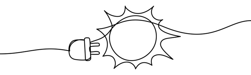 Continuous line vector illustration of an electric plug and sun. Minimal linear design, isolated on transparent background, symbolizing solar energy and eco-friendly power concept