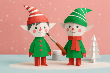 Festive paper elves on snowy surface, ideal for holiday marketing, DIY blogs, kids crafts, eco-friendly brands, seasonal campaigns, educational content, toy or decor businesses.