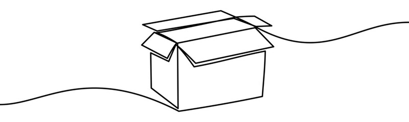 Continuous line vector illustration of an open cardboard box. Minimal linear design, isolated on transparent background, eco packaging, sustainable and green concept