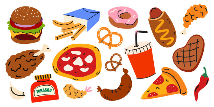 Fast food cartoon stickers in retro groovy style. Street food elements, burger, pizza, steak, french fries, donut, chicken legs, sausages and other tasty snacks. Vector illustrations