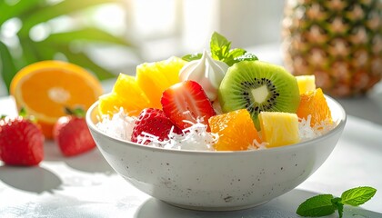 Refreshing tropical fruit bowl with shaved ice and condensed milk, featuring kiwi, strawberry, pineapple, and orange slices in vibrant detail.