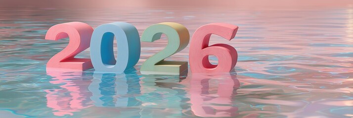 The number 2026, symbolizing future, new year, or business, partially submerged in clear water with soft pastel colors and reflections