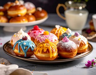 A delectable assortment of colorful glazed donuts with various toppings on a dark plate, inviting