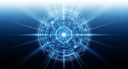 Abstract futuristic circular light tunnel with glowing blue lines emanating outwards, representing technology and energy