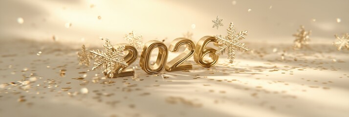 Golden number 2026 with sparkling snowflakes and scattered glitter on a light background, symbolizing New Year celebration, winter holidays, and festive cheer