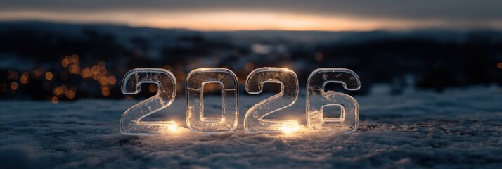 2026 ice number on snow, festive new year celebration during winter sunset with glowing light, new beginning concept