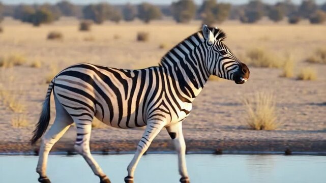 Zebra standing near a small pool of water in a dry grassy field in africa at sunset time light zebra video