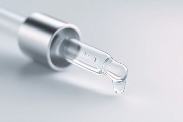 Glass dropper with clear liquid droplet against bright white background. Concept of science, medicine, or cosmetics