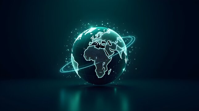 Glowing digital earth with orbiting rings and stars on a dark teal reflective surface backdrop design