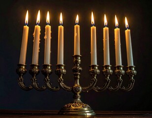 A beautiful brass menorah with all nine candles brightly lit, symbolizing hope and tradition