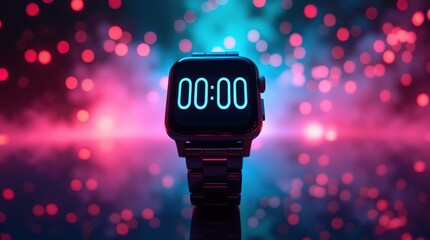 A smartwatch displaying zero time against a bokeh background with pink and blue light effects