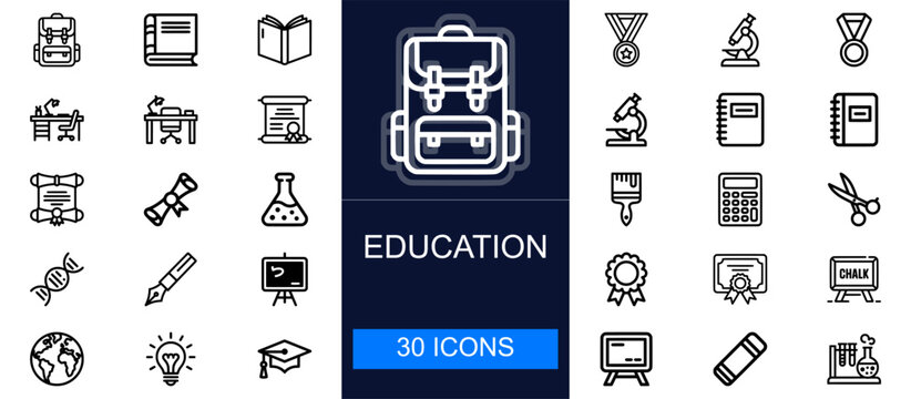 Education icon set. Learning, studying, school tools, books, science, creativity, certificates, classrooms and more. Thin line vector icons collection for academic, teaching and training materials.