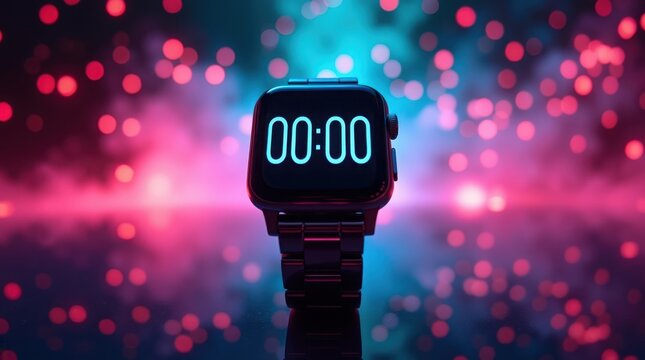 A smartwatch displaying zero time against a bokeh background with pink and blue light effects