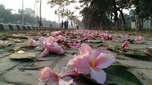 Numerous light pink blossoms cover a paved walkway lined with trees and urban structures - Powered by Adobe