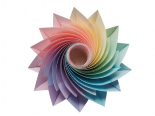 Rainbow colored paper origami flower spiral on transparent background black background lotus