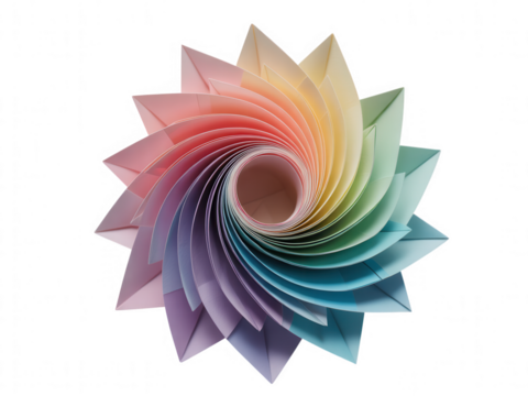 Rainbow colored paper origami flower spiral on transparent background black background lotus